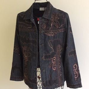 Black Denim Jean Embroidered Rhinestone Jacket M?